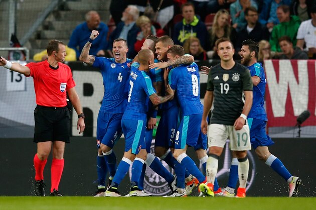 AUGSBURG, GERMANY - MAY 29: The team of Slovakia celebrates after Juraj Kucka scores his team's third goal during the International Friendly match between Germany and Slovakia at WWK-Arena on May 29, 2016 in Augsburg, Germany.  (Photo by Boris Streubel/Getty Images)