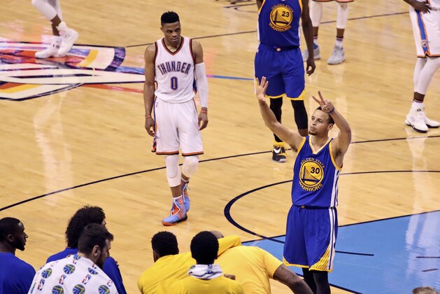 May 28, 2016; Oklahoma City, OK, USA; Golden State Warriors guard Stephen Curry (30) celebrates during the fourth quarter against the Oklahoma City Thunder in game six of the Western conference finals of the NBA Playoffs at Chesapeake Energy Arena. Mandatory Credit: Kevin Jairaj-USA TODAY Sports