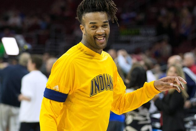 Apr 2, 2016; Philadelphia, PA, USA; Indiana Pacers center Jordan Hill (27) warms up before a game against the Philadelphia 76ers at Wells Fargo Center. Mandatory Credit: Bill Streicher-USA TODAY Sports