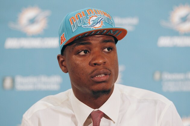 DAVIE, FL - APRIL 27: Dion Jordan of the Miami Dolphins answers questions for the media on April 27, 2013 at the Miami Dolphins training facility in Davie, Florida. Jordan was the third overall pick in the 2013 NFL draft and the Miami Dolphins first pick. (Photo by Joel Auerbach/Getty Images)