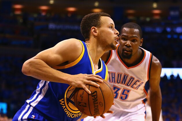 OKLAHOMA CITY, OK - MAY 28:  Stephen Curry #30 of the Golden State Warriors drives against Kevin Durant #35 of the Oklahoma City Thunder during the fourth quarter in game six of the Western Conference Finals during the 2016 NBA Playoffs at Chesapeake Energy Arena on May 28, 2016 in Oklahoma City, Oklahoma. NOTE TO USER: User expressly acknowledges and agrees that, by downloading and or using this photograph, User is consenting to the terms and conditions of the Getty Images License Agreement.  (Photo by Maddie Meyer/Getty Images)
