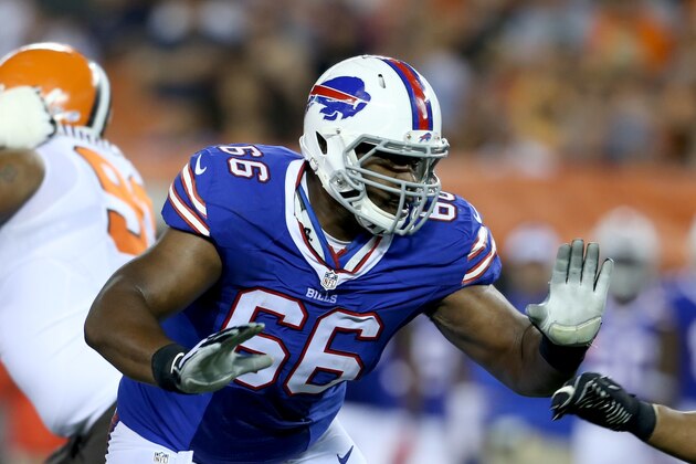Buffalo Bills tackle Seantrel Henderson (66) against the Cleveland Browns in an NFL preseason football game, Thursday, Aug. 20, 2015, in Cleveland. (AP Photo/Ron Schwane)