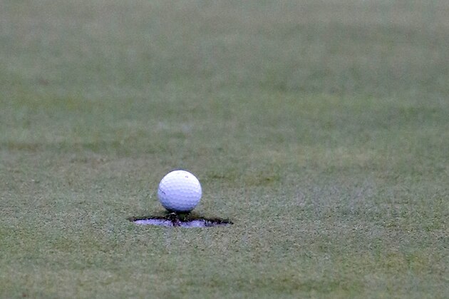 The ball hit by Jordan Spieth stops just shy of falling in on the 16th green for what would have been eagle during Round 1 of the Byron Nelson golf tournament, Thursday, May 19, 2016, in Irving, Texas. (AP Photo/Tony Gutierrez)