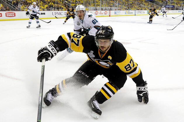PITTSBURGH, PA - MAY 30:  Sidney Crosby #87 of the Pittsburgh Penguins skates during the first period against the San Jose Sharks in Game One of the 2016 NHL Stanley Cup Final at Consol Energy Center on May 30, 2016 in Pittsburgh, Pennsylvania.  (Photo by Bruce Bennett/Getty Images)