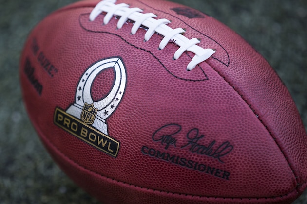 HONOLULU, HI -  SUNDAY, JANUARY 31:  The Pro Bowl logo on a football during the second half of the 2016 NFL Pro Bowl at Aloha Stadium on January 31, 2016 in Honolulu, Hawaii.Team Irvin defeated Team Rice 49-27.  (Photo by Kent Nishimura/Getty Images)