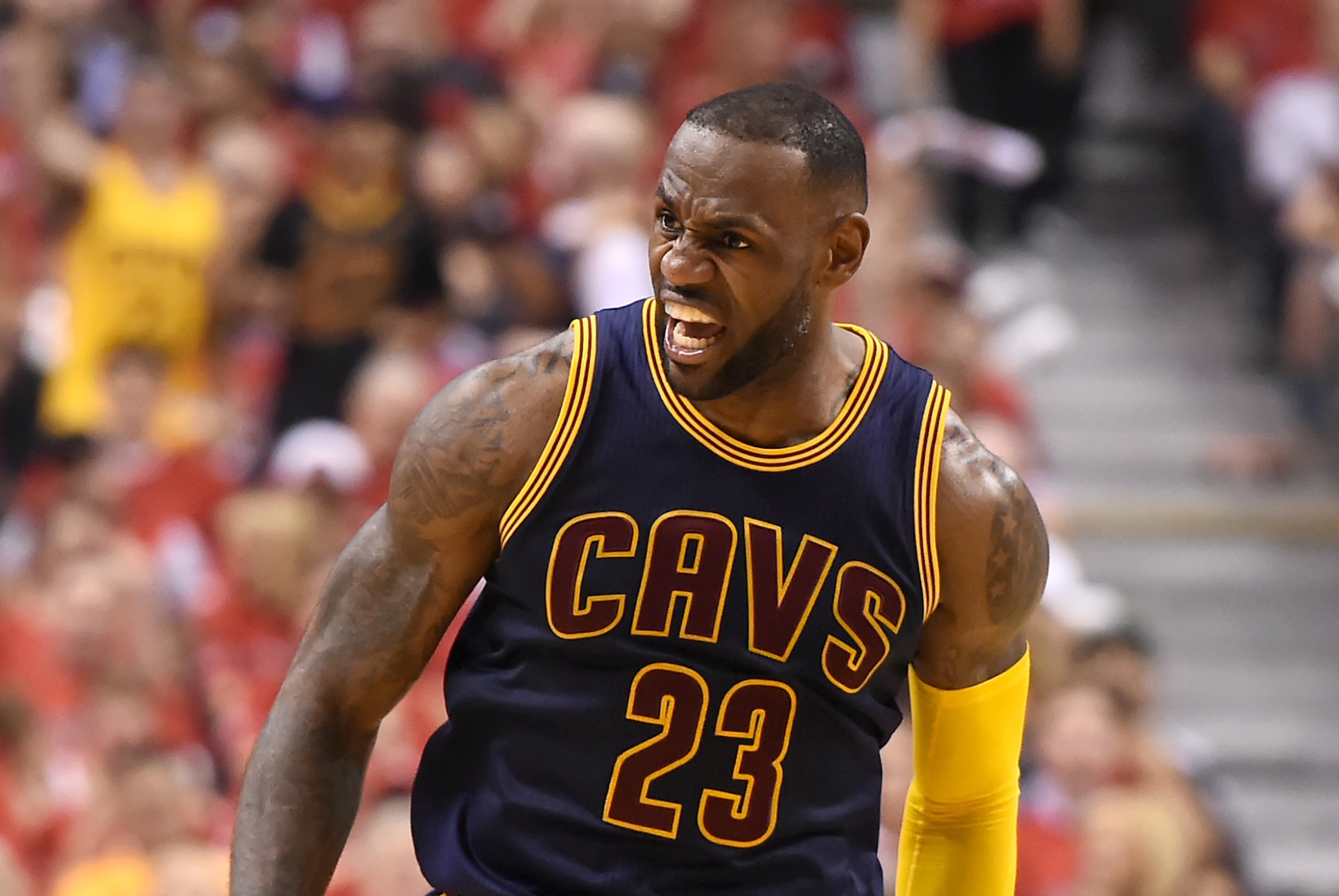 May 23, 2016; Toronto, Ontario, CAN;   Cleveland Cavaliers forward LeBron James (23) reacts after dunking for a basket against Toronto Raptors in the second quarter of game four of the Eastern conference finals of the NBA Playoffs at Air Canada Centre. Mandatory Credit: Dan Hamilton-USA TODAY Sports