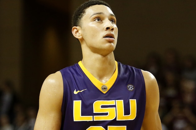 LSU's Ben Simmons walks down the court late in the second half while the College of Charleston secures the win during the second half of an NCAA college basketball game at TD Arena, Monday Nov. 30, 2015, in Charleston, S.C. The College of Charleston went on to win 70-58.  (AP Photo/Mic Smith)