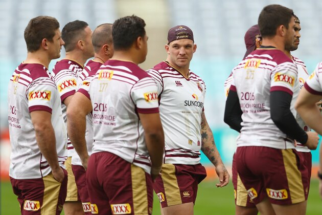 SYDNEY, AUSTRALIA - MAY 31: Josh McGuire watches on during a Queensland Maroons State Of Origin captain's run at ANZ Stadium on May 31, 2016 in Sydney, Australia.  (Photo by Mark Kolbe/Getty Images)