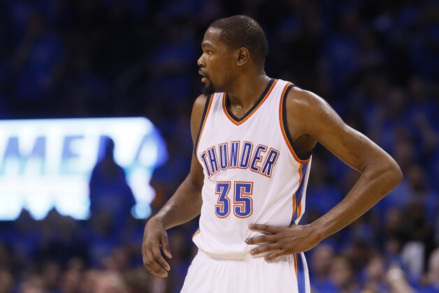 Oklahoma City Thunder forward Kevin Durant is pictured in the third quarter in Game 6 of the NBA basketball Western Conference finals between the Golden State Warriors and the Oklahoma City Thunder in Oklahoma City, Saturday, May 28, 2016. (AP Photo//Sue Ogrocki)