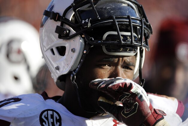 South Carolina linebacker Skai Moore reacts on the sideline during the second half of an NCAA college football game against Clemson, Saturday, Nov. 29, 2014, in Clemson, S.C. Clemson won 35-17. (AP Photo/Rainier Ehrhardt)
