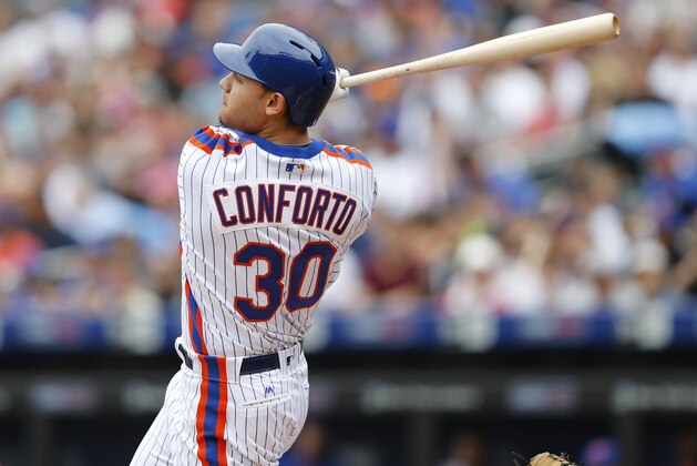 New York Mets' Michael Conforto (30) hits a first-inning, solo, home run off Milwaukee Brewers starting pitcher Chase Anderson in a baseball game against the Milwaukee Brewers, Sunday, May 22, 2016, in New York.  (AP Photo/Kathy Willens)