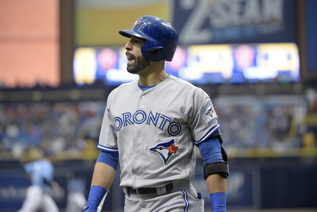 Toronto Blue Jays' Jose Bautista reacts after striking out during the first inning of a baseball game against the Tampa Bay Rays in St. Petersburg, Fla., Sunday, May 1, 2016. (AP Photo/Phelan M. Ebenhack)