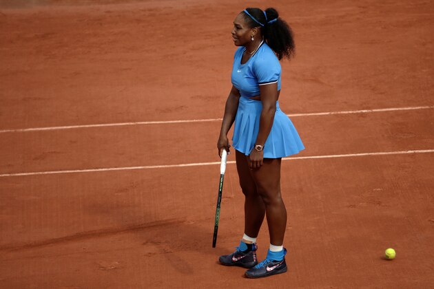 US player Serena Williams reacts during her men's third round match against France's Kristina Mladenovic at the Roland Garros 2016 French Tennis Open in Paris on May 28, 2016. / AFP        (Photo credit should read /AFP/Getty Images)