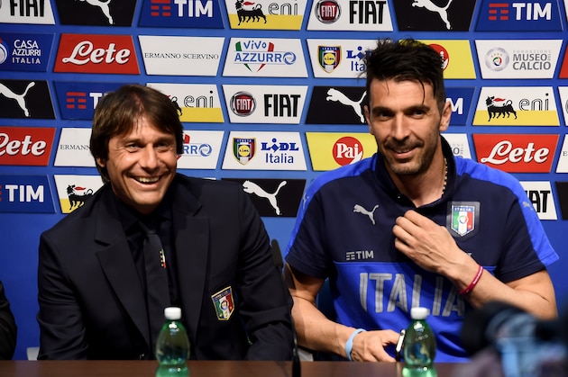 MALTA, MALTA - MAY 28:  Head Coach Italy Antonio Conte (L) and Gianluigi Buffon during a press conference at Ta Qali Stadium on May 28, 2016 in Malta, Malta.  (Photo by Claudio Villa/Getty Images)