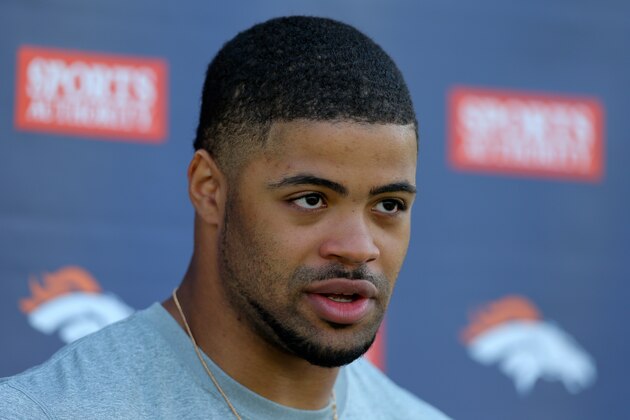 ENGLEWOOD, CO - MAY 17:  Wide receiver Cody Latimer #14 of the Denver Broncos talks to the media following rookie camp at Dove Valley on May 17, 2014 in Englewood, Colorado. (Photo by Justin Edmonds/Getty Images)