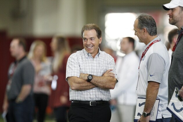 Alabama head coach Nick Saban watches during the Alabama's NFL football Pro Day, Wednesday, March 9, 2016, in Tuscaloosa, Ala. The event is to showcase players for the upcoming NFL football draft.  (AP Photo/Brynn Anderson)