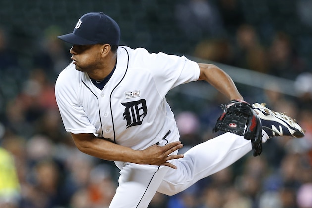 Detroit Tigers relief pitcher Francisco Rodriguez throws against the Minnesota Twins in the ninth inning of a baseball game, Monday, May 16, 2016 in Detroit. Detroit won 10-8. (AP Photo/Paul Sancya)