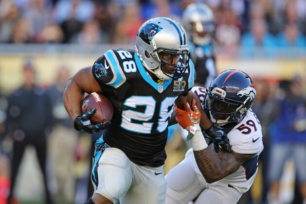 Carolina Panthers’ Jonathan Stewart #28 in action against the Denver Broncos during the NFL Super Bowl 50 football game Sunday, Feb. 7, 2016, in Santa Clara, Calif.  (AP Photo/Gregory Payan)