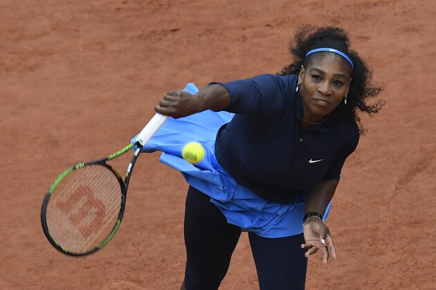 The US's Serena Williams serves the ball to Ukraine's Elina Svitolina during their women's fourth round match at the Roland Garros 2016 French Tennis Open in Paris on June 1, 2016. / AFP / MIGUEL MEDINA        (Photo credit should read MIGUEL MEDINA/AFP/Getty Images)
