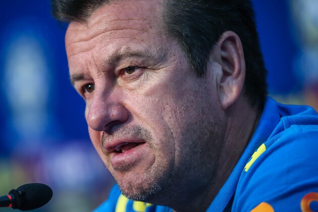 Brazilian national football team coach Dunga speaks during a press conference at the Vila Ventura Hotel, in Viamao, Brazil, on March 28, 2016. Brazil will face Paraguay on March 29 in a Russia 2018 FIFA World Cup South American qualifier match.   AFP PHOTO / Jefferson BERNARDES / AFP / JEFFERSON BERNARDES        (Photo credit should read JEFFERSON BERNARDES/AFP/Getty Images)