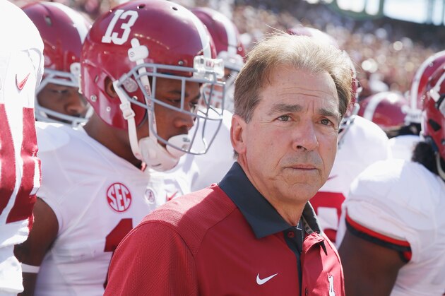 COLLEGE STATION, TX - OCTOBER 17:  Head coach Nick Saban of the Alabama Crimson Tide waits on the with his players on the field before the start of their game against the Texas A&M Aggies at Kyle Field on October 17, 2015 in College Station, Texas.  (Photo by Scott Halleran/Getty Images)
