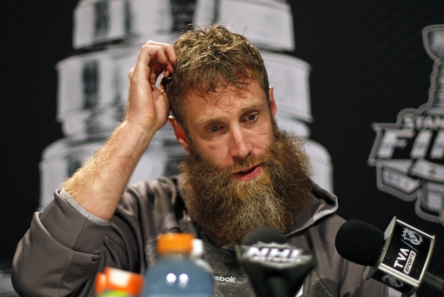 San Jose Sharks' Joe Thornton talks to reporters during Stanley Cup Finals Media Day at the Consol Energy Center in Pittsburgh, Sunday May 29, 2016. The Sharks face-off in Game 1 of the Stanley Cup Finals against the Pittsburgh Penguins on Monday, May 30, in Pittsburgh. (AP Photo/Gene J. Puskar)