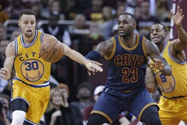 FILE - In this Jan. 18, 2016, filephoto, Golden State Warriors’ Stephen Curry (30) knocks the ball loose from Cleveland Cavaliers' LeBron James (23) duriing the first half of an NBA basketball game in Cleveland. James knows there's no stopping Stephen Curry. The Cavaliers, healthier and better built for the NBA Finals than a year ago, feel their best chance to beat the Warriors is to contain the MVP and sideman Klay Thompson from splashing 3-pointers for four quarters.  (AP Photo/Tony Dejak, File)