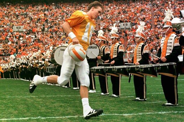 Tennessee quarterback Peyton Manning takes the field for his last home game on Saturday, Nov. 29, 1997 in Knoxville, Tenn. Tennessee defeated Vanderbilt 17-10. (AP Photo/Mark Humphrey)