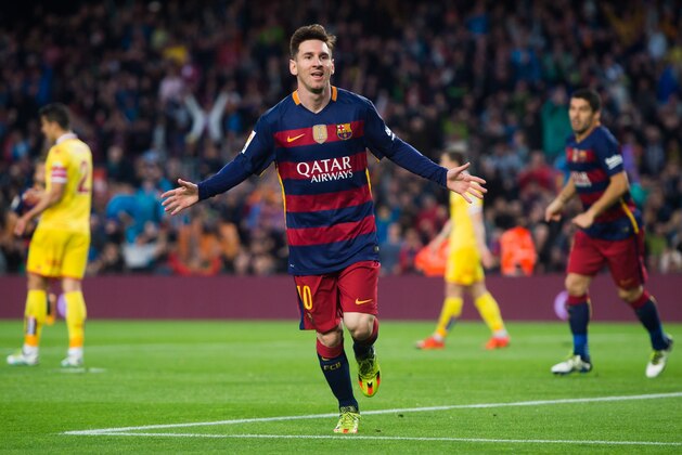 BARCELONA, SPAIN - APRIL 23:  Lionel Messi of FC Barcelona celebrates after scoring the opening goal during the La Liga match between FC Barcelona and Sporting Gijon at Camp Nou on April 23, 2016 in Barcelona, Spain.  (Photo by Alex Caparros/Getty Images)