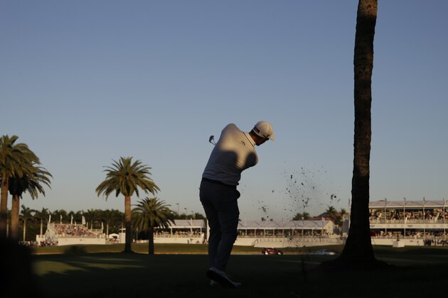 Adam Scott of Australia, hits from the rough off the 18th fairway during the final round of the Cadillac Championship golf tournament, Sunday, March 6, 2016, in Doral, Fla. (AP Photo/Lynne Sladky)
