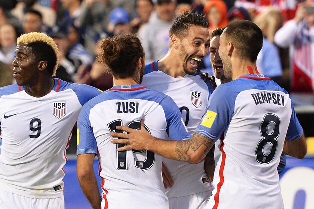 COLUMBUS, OH - MARCH 29:  Geoff Cameron #20 of the United States Men's National Team celebrates his first half goal against Guatemala with Graham Zusi #19 of the United States Men's National Team and Clint Dempsey #8 of the United States Men's National Team during the FIFA 2018  World Cup qualifier on March 29, 2016 at MAPFRE Stadium in Columbus, Ohio.  (Photo by Jamie Sabau/Getty Images)