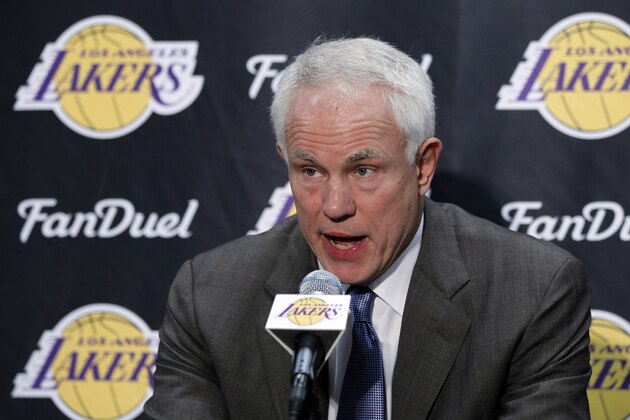Los Angeles Lakers general manager Mitch Kupchak talks about the announcement by Kobe Bryant of his retirement at the end of the season before an NBA basketball game against the Indiana Pacers in Los Angeles, Sunday, Nov. 29, 2015. (AP Photo/Alex Gallardo)