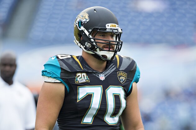 NASHVILLE, TN - OCTOBER 12:  Luke Bowanko #70 of the Jacksonville Jaguars warms up before a game against the Tennessee Titans at LP Field on October 12, 2014 in Nashville, Tennessee.  The Titans defeated the Jaguars 16-14.  (Photo by Wesley Hitt/Getty Images)