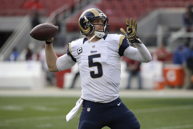 St. Louis Rams quarterback Nick Foles (5) warms up before an NFL football game against the San Francisco 49ers in Santa Clara, Calif., Sunday, Jan. 3, 2016. (AP Photo/Marcio Jose Sanchez)