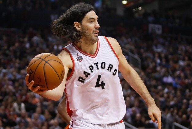 Mar 28, 2016; Toronto, Ontario, CAN; Toronto Raptors forward Luis Scola (4) goes to pass the ball against Oklahoma City Thunder at the Air Canada Centre. Oklahoma City defeated Toronto 119-100. Mandatory Credit: John E. Sokolowski-USA TODAY Sports