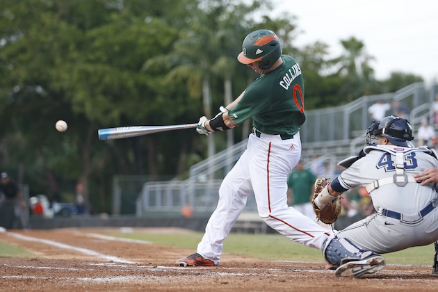 CORAL GABLES, FL - May 14: Zack Collins #0 of the Miami Hurricanes hits a single scoring a run in the first inning against the Pittsburgh Panthers on May 14, 2016 at Alex Rodriguez Park at Mark Light Field in Coral Gables, Florida. Miami defeated Pittsburgh 4-3. (Photo by Joel Auerbach/Getty Images)