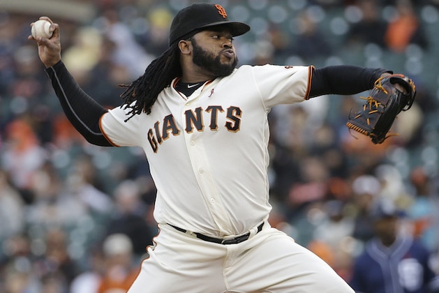 San Francisco Giants pitcher Johnny Cueto throws against the San Diego Padres during the first inning of a baseball game in San Francisco, Monday, May 23, 2016. (AP Photo/Jeff Chiu)