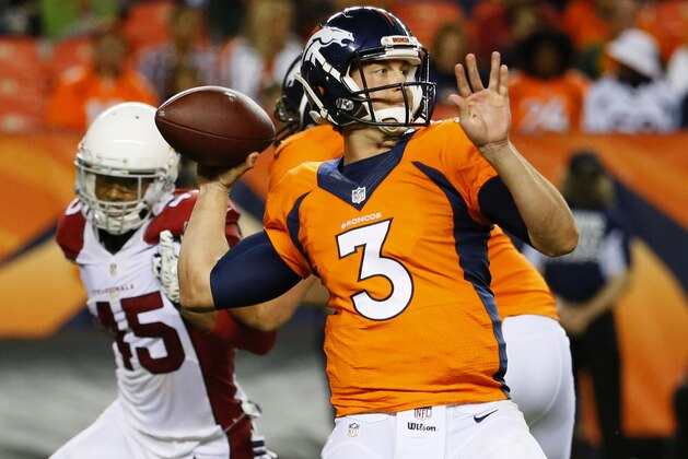 Denver Broncos quarterback Trevor Siemian (3) throws against the Arizona Cardinals during the second half of an NFL preseason football game, Thursday, Sept. 3, 2015, in Denver. (AP Photo/Jack Dempsey)