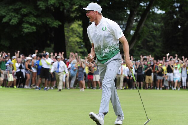 EUGENE, OR - JUNE 1: Sulman Raza of Oregon sinks a put on the 21st hole of play to win the 2016 NCAA Division I Men's Golf Championship at Eugene Country Club on June 1, 2016 in Eugene, Oregon. (Photo by Steve Dykes/Getty Images)