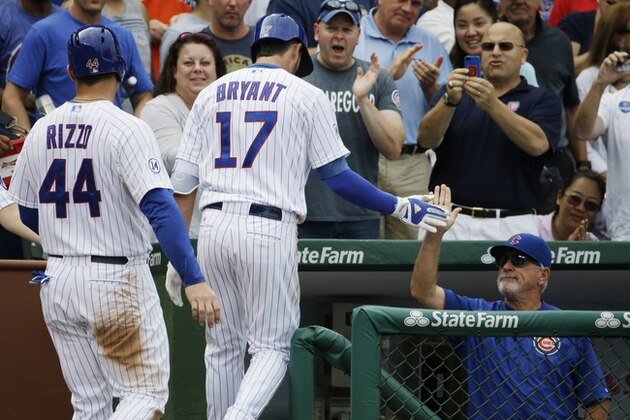 Chicago Cubs manager Joe Maddon, right, celebrates with Kris Bryant, center, and Anthony Rizzo after Kris Bryant hit a two-run home run during the third inning of a baseball game against the San Francisco Giants Saturday, Aug. 8, 2015, in Chicago. (AP Photo/Nam Y. Huh)