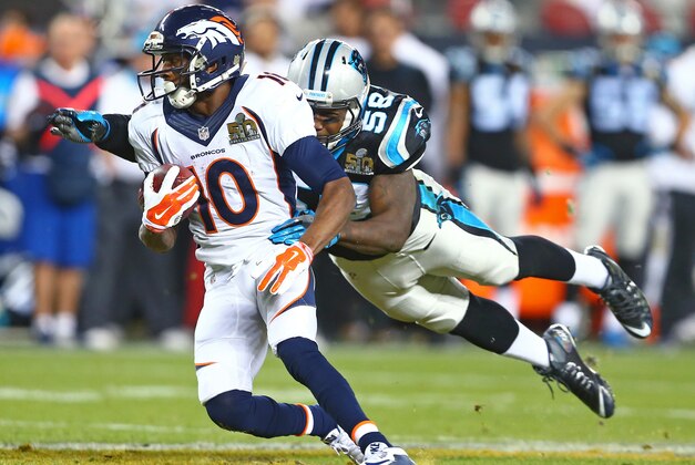 Feb 7, 2016; Santa Clara, CA, USA; Denver Broncos wide receiver Emmanuel Sanders (10) runs as Carolina Panthers outside linebacker Thomas Davis (58) dives to tackle him in the third quarter in Super Bowl 50 at Levi's Stadium. Mandatory Credit: Mark J. Rebilas-USA TODAY Sports