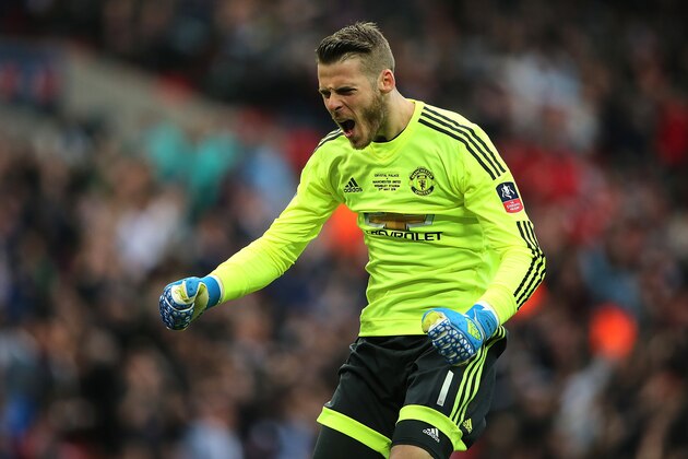 LONDON, ENGLAND - MAY 21:  David de Gea of Manchester United celebrates his team's 1-2 victory at the end of extra time during The Emirates FA Cup final match between Manchester United and Crystal Palace at Wembley Stadium on May 21, 2016 in London, England.  (Photo by Matthew Ashton - AMA/Getty Images)