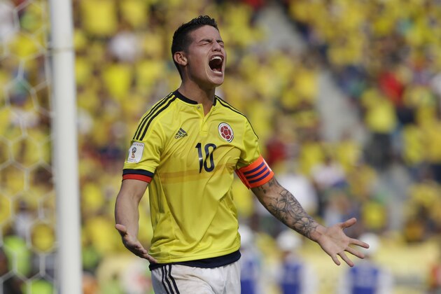 FILE - In this March 29, 2016, file photo, Colombia's James Rodriguez reacts after missing a chance to score during the 2018 World Cup qualifying soccer match against Ecuador, in Barranquilla, Colombia. (AP Photo/Fernando Vergara,File)