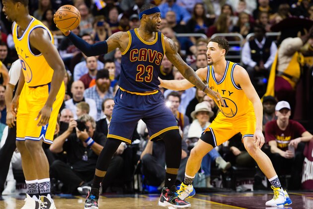 CLEVELAND, OH - JANUARY 18: LeBron James #23 of the Cleveland Cavaliers posts up against Klay Thompson #11 of the Golden State Warriors during the first half at Quicken Loans Arena on January 18, 2016 in Cleveland, Ohio. NOTE TO USER: User expressly acknowledges and agrees that, by downloading and/or using this photograph, user is consenting to the terms and conditions of the Getty Images License Agreement. Mandatory copyright notice. (Photo by Jason Miller/Getty Images)