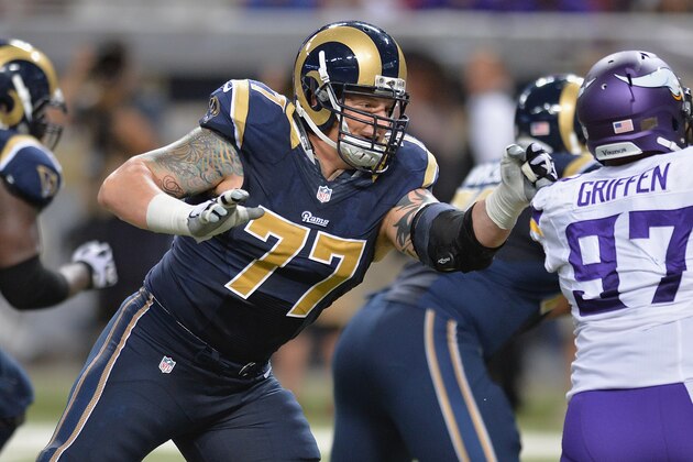 ST. LOUIS, MO - SEPTEMBER 7:  Jake Long #77 of the St. Louis Rams protects against the Minnesota Vikings at the Edward Jones Dome on September 7, 2014 in St. Louis, Missouri.  (Photo by Michael B. Thomas/Getty Images)