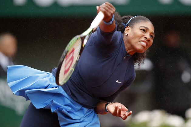Serena Williams of the U.S. serves the ball in the quarterfinal match of the French Open tennis tournament against Kazakhstan’s Yulia Putintseva at the Roland Garros stadium in Paris, France, Thursday, June 2, 2016. (AP Photo/Michel Euler)