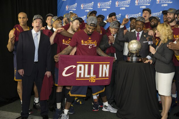 TORONTO, CANADA - MAY 27:  The Cleveland Cavaliers celebrate after a victory in Game Six of the Eastern Conference Finals against the Toronto Raptors during the 2016 NBA Playoffs on May 27, 2016 at the Air Canada Centre in Toronto, Ontario, Canada.  NOTE TO USER: User expressly acknowledges and agrees that, by downloading and or using this Photograph, user is consenting to the terms and conditions of the Getty Images License Agreement.  Mandatory Copyright Notice: Copyright 2016 NBAE (Photo by Nathaniel S. Butler/NBAE via Getty Images)