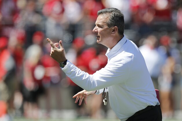 Ohio State head coach Urban Meyer watches Ohio State's NCAA college football spring game Saturday, April 16, 2016, in Columbus, Ohio. (AP Photo/Jay LaPrete)