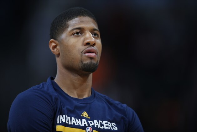 Indiana Pacers forward Paul George (13) during the second half of an NBA basketball game Sunday, Jan. 17, 2016, in Denver. The Nuggets won 129-126. (AP Photo/David Zalubowski)