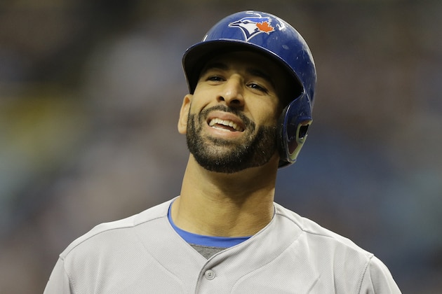 Toronto Blue Jays' Jose Bautista disagrees with a stoke call against the Tampa Bay Rays during the first inning of a baseball game Sunday, April 3, 2016, in St. Petersburg, Fla.  (AP Photo/Chris O'Meara)